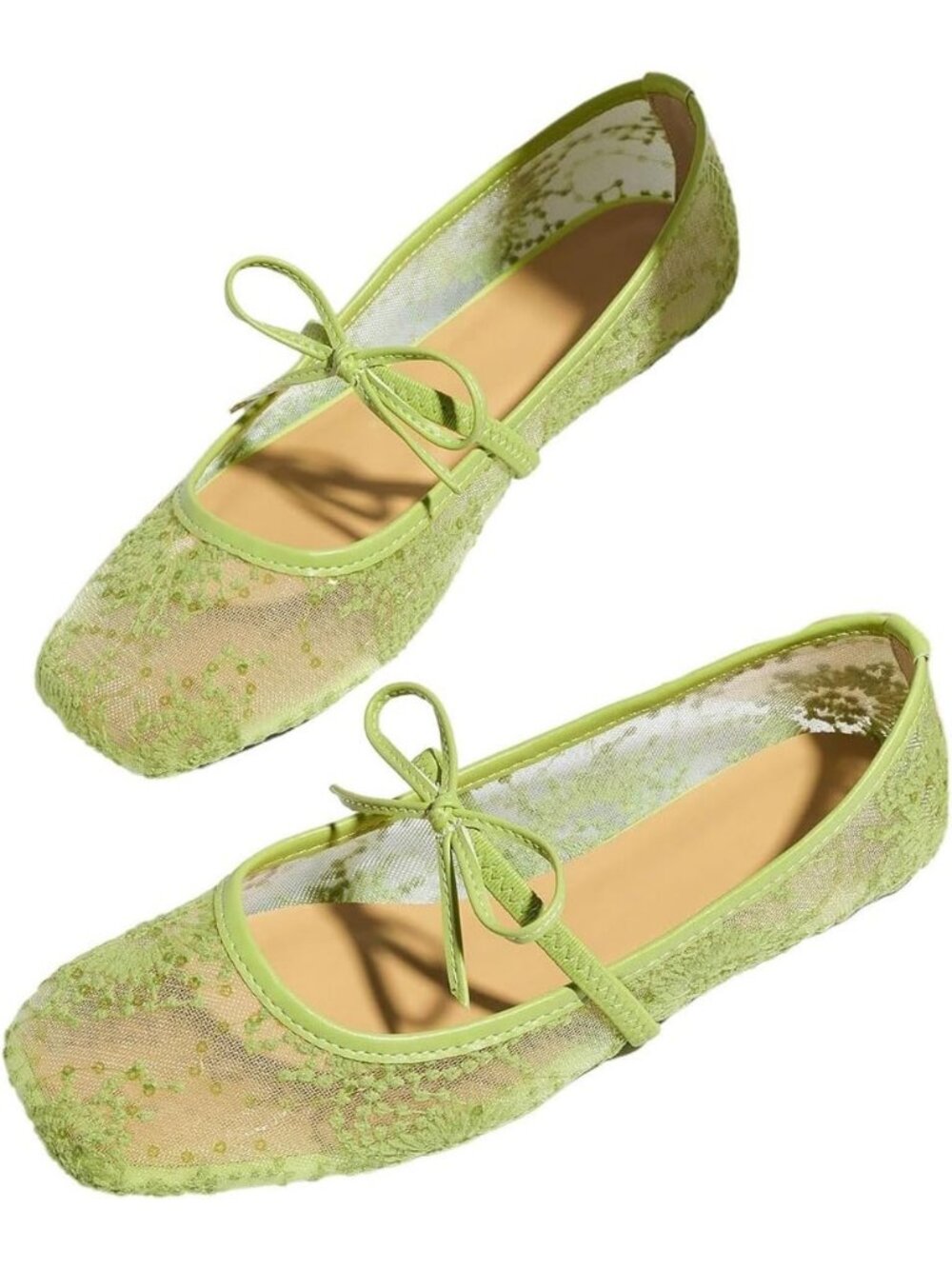Women's Green Mesh Ballet Flats Cute Lace Ballerina Flats Closed Square Toe
